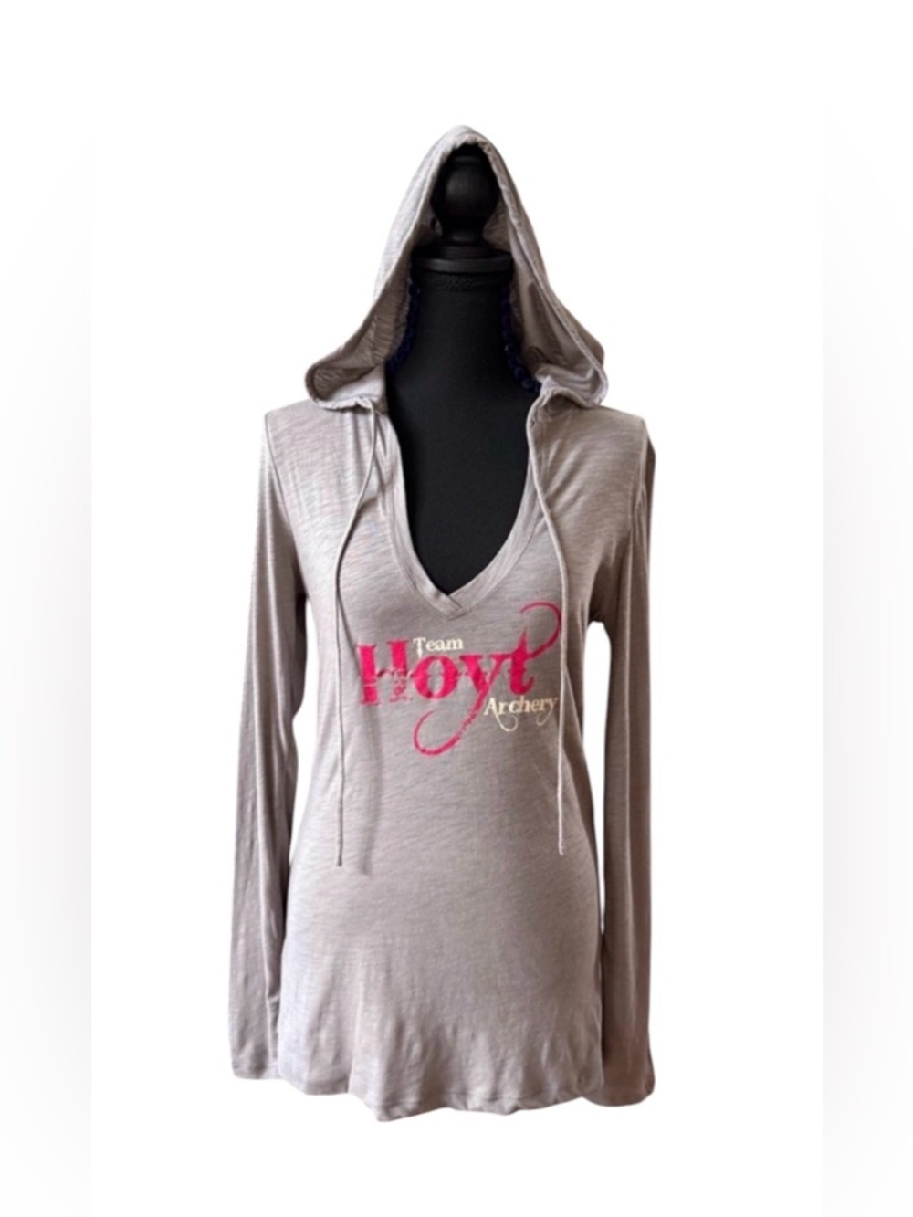 Team Hoyt Archery Women's Gray and Pink Hooded Long-Sleeve Shirt